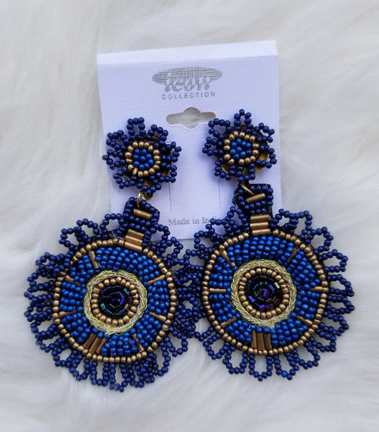 Blue decorative circle beaded statement earrings  Ivy and Pearl Boutique