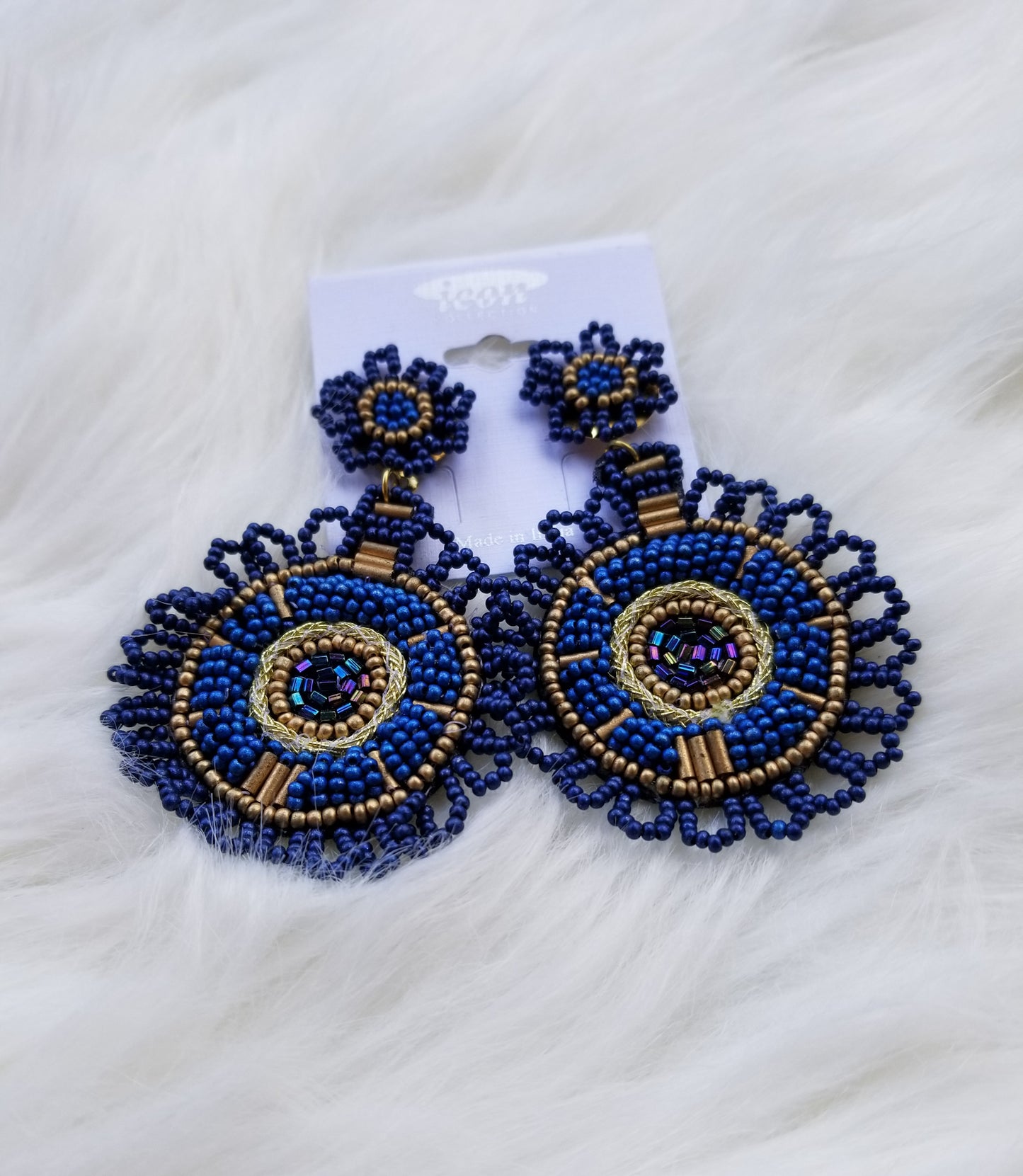 Blue decorative circle beaded statement earrings Ivy and Pearl Boutique