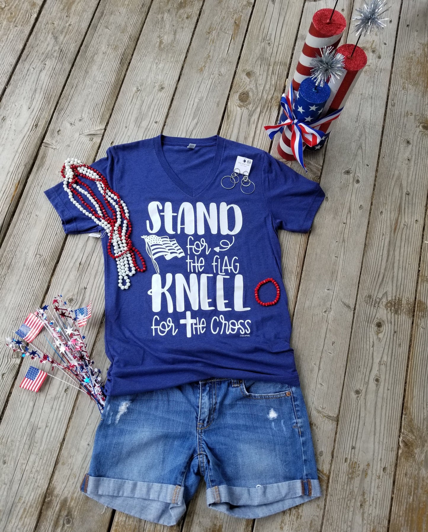 Stand for the flag, kneel for the cross V-neck T-shirt Ivy and Pearl Boutique