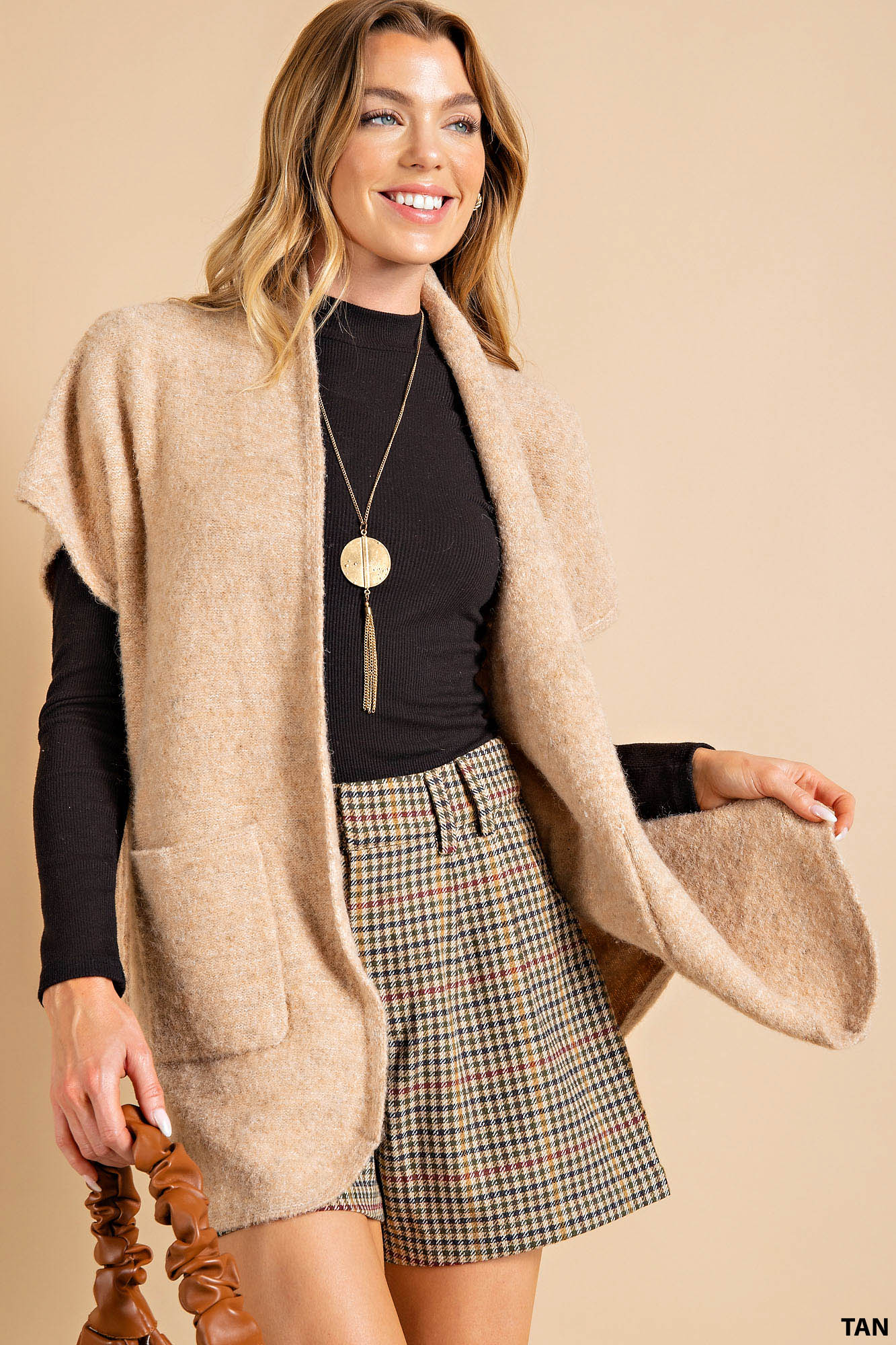Boucle open sweater cardigan Ivy and Pearl Boutique Tan M/L