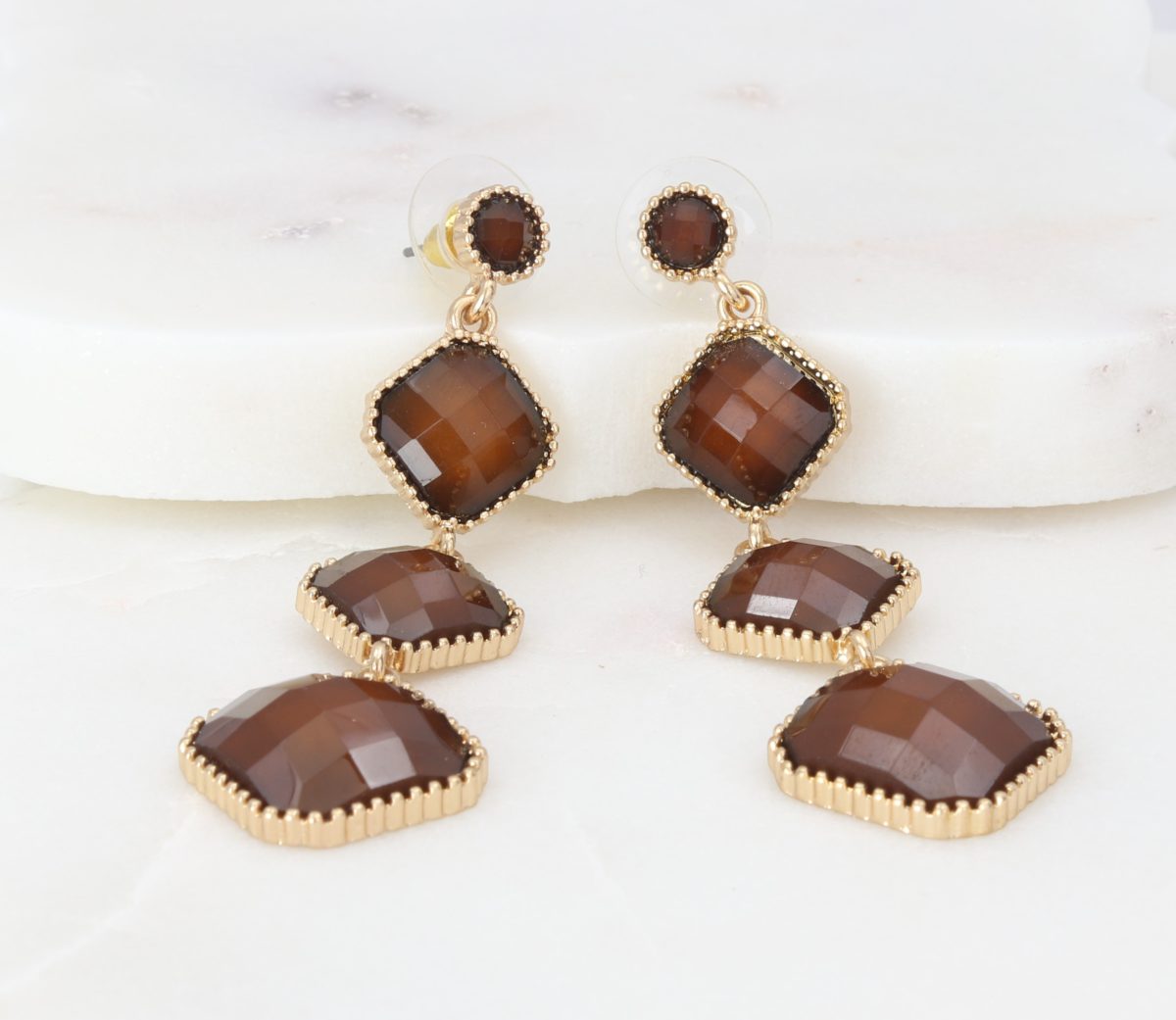 Brown stone quad-element earrings with beaded-gold outline Ivy and Pearl Boutique