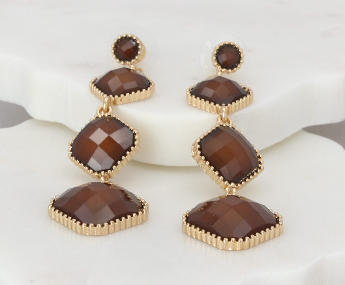 Brown stone quad-element earrings with beaded-gold outline Ivy and Pearl Boutique