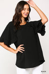 Bubble Crepe Ruffle Detail Top with Back Keyhole  Ivy and Pearl Boutique Black S
