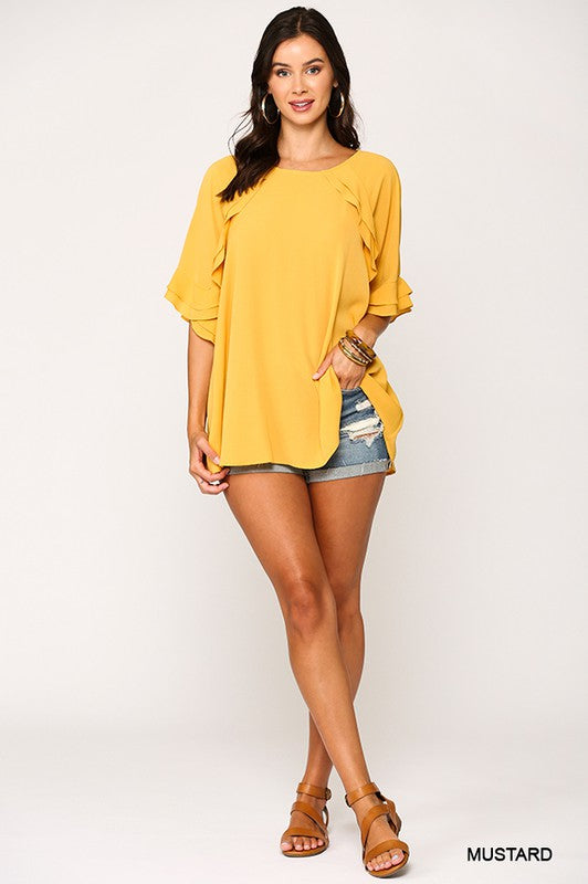 Bubble Crepe Ruffle Detail Top with Back Keyhole  Ivy and Pearl Boutique