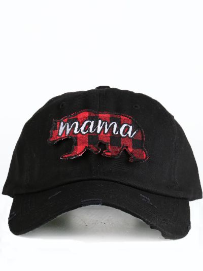 Buffalo plaid Mama Bear patch on black distressed cap Ivy and Pearl Boutique