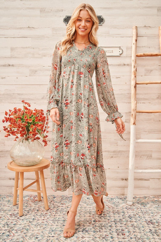 Calm mood maxi dress with smocked bodice  Ivy and Pearl Boutique Sage S