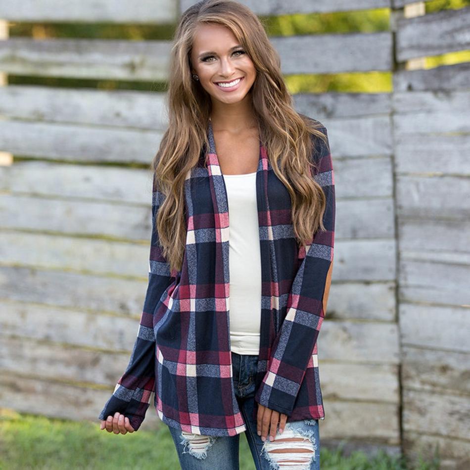 Casual plaid print kimono cardigan top with open front and elbow patch Ivy and Pearl Boutique