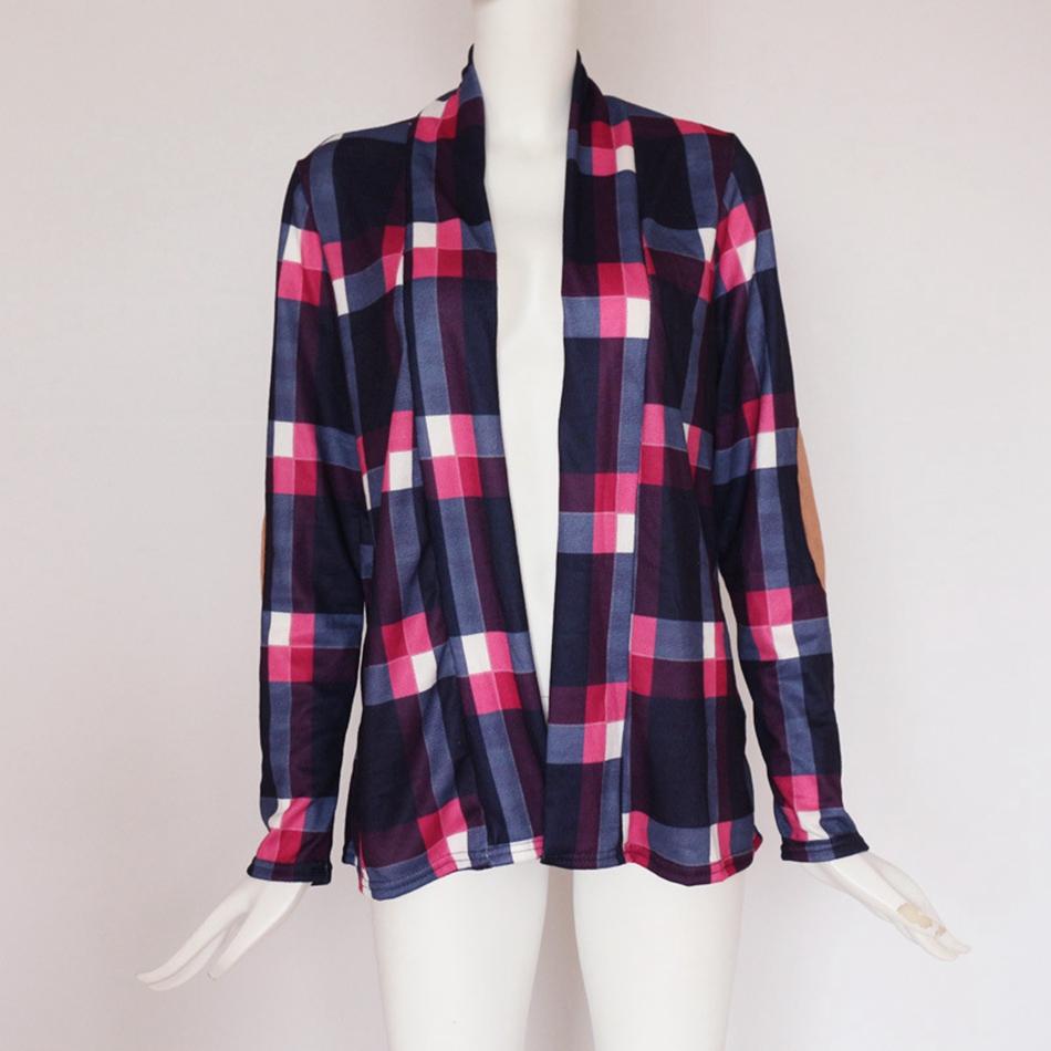 Casual plaid print kimono cardigan top with open front and elbow patch Ivy and Pearl Boutique