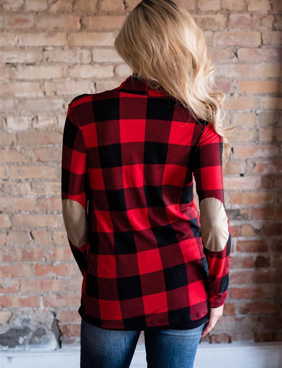 Casual plaid print kimono cardigan top with open front and elbow patch Ivy and Pearl Boutique