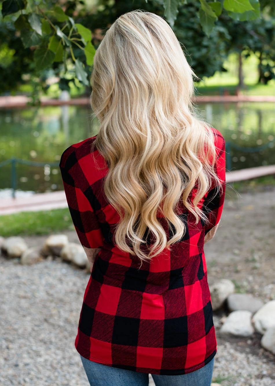 Casual plaid print kimono cardigan top with open front and elbow patch Ivy and Pearl Boutique