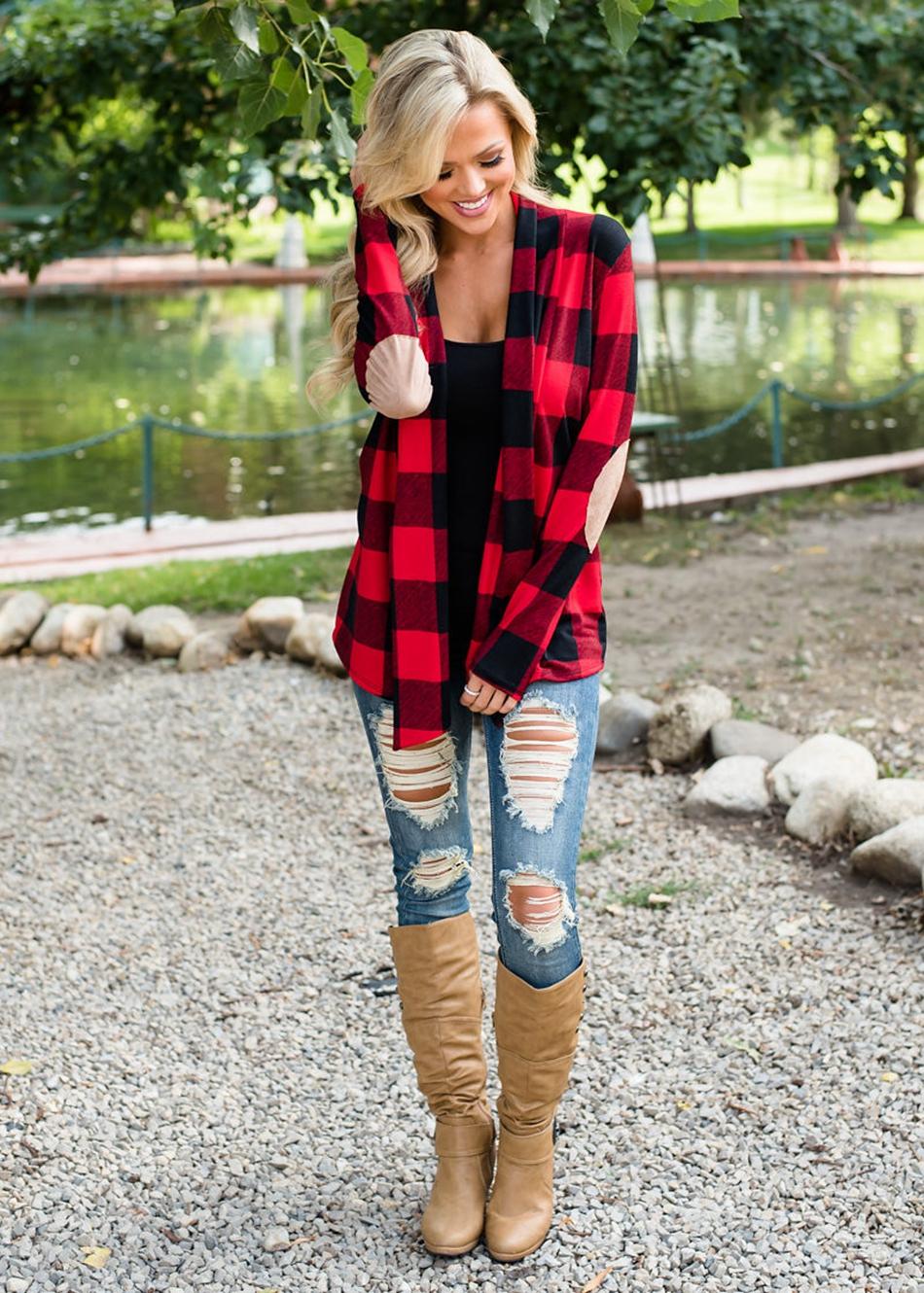 Casual plaid print kimono cardigan top with open front and elbow patch Ivy and Pearl Boutique