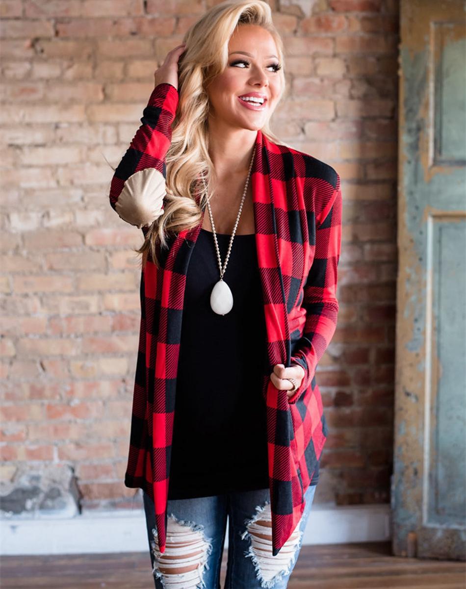 Casual plaid print kimono cardigan top with open front and elbow patch  Ivy and Pearl Boutique Pink M