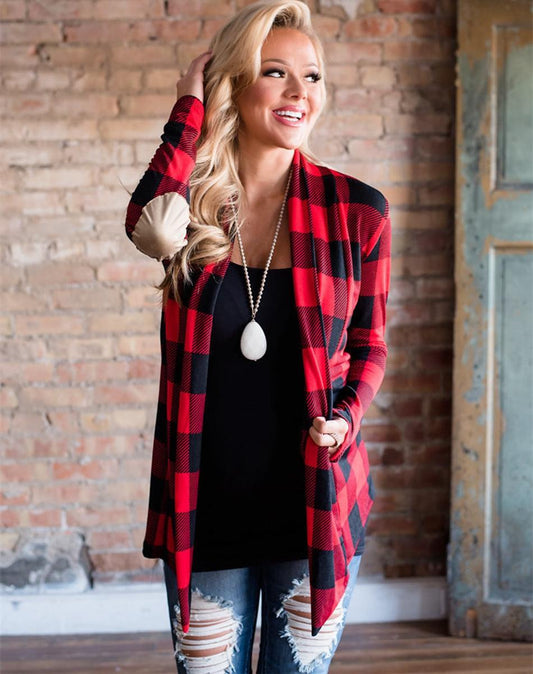 Casual plaid print kimono cardigan top with open front and elbow patch  Ivy and Pearl Boutique Pink M