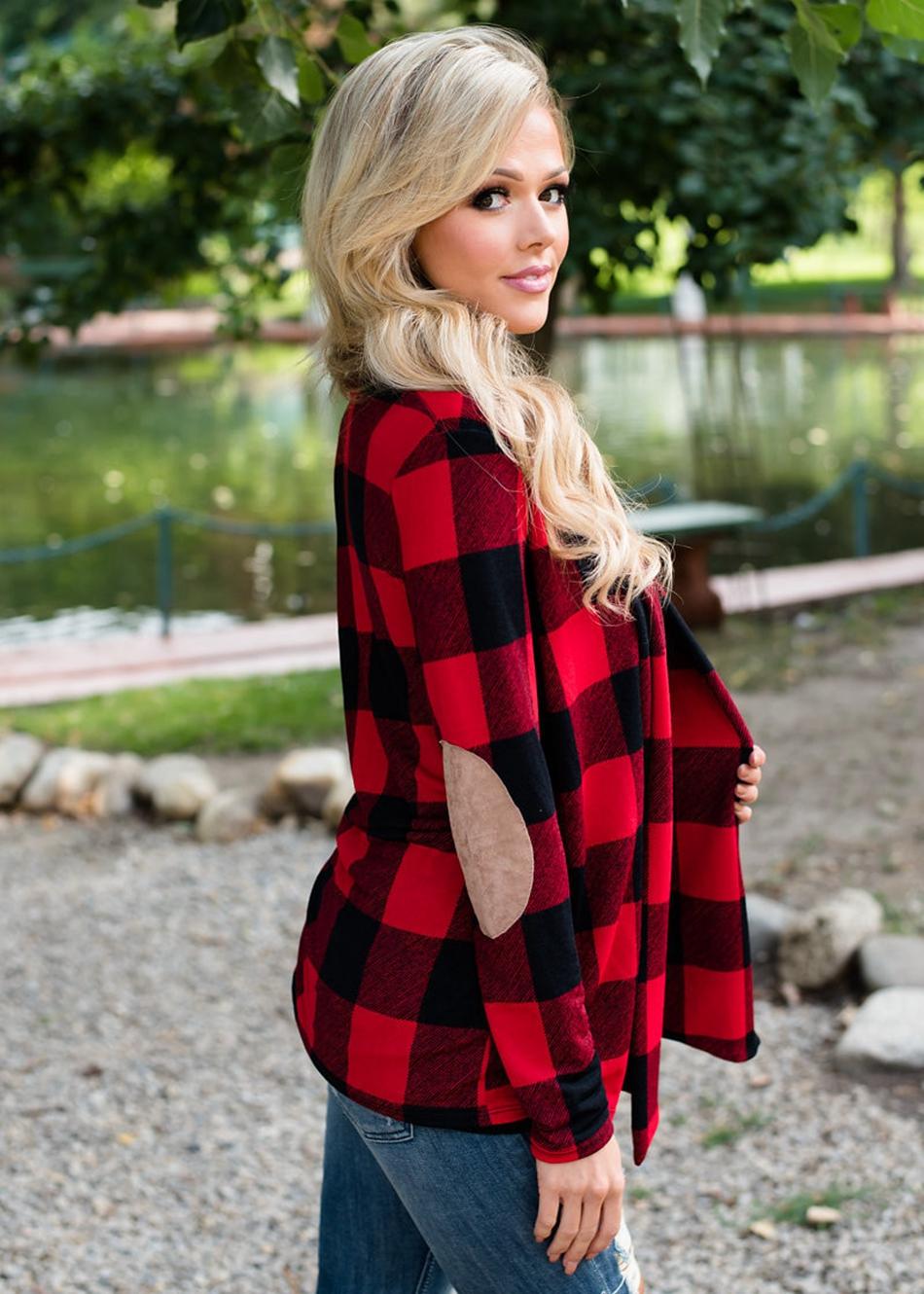 Casual plaid print kimono cardigan top with open front and elbow patch Ivy and Pearl Boutique