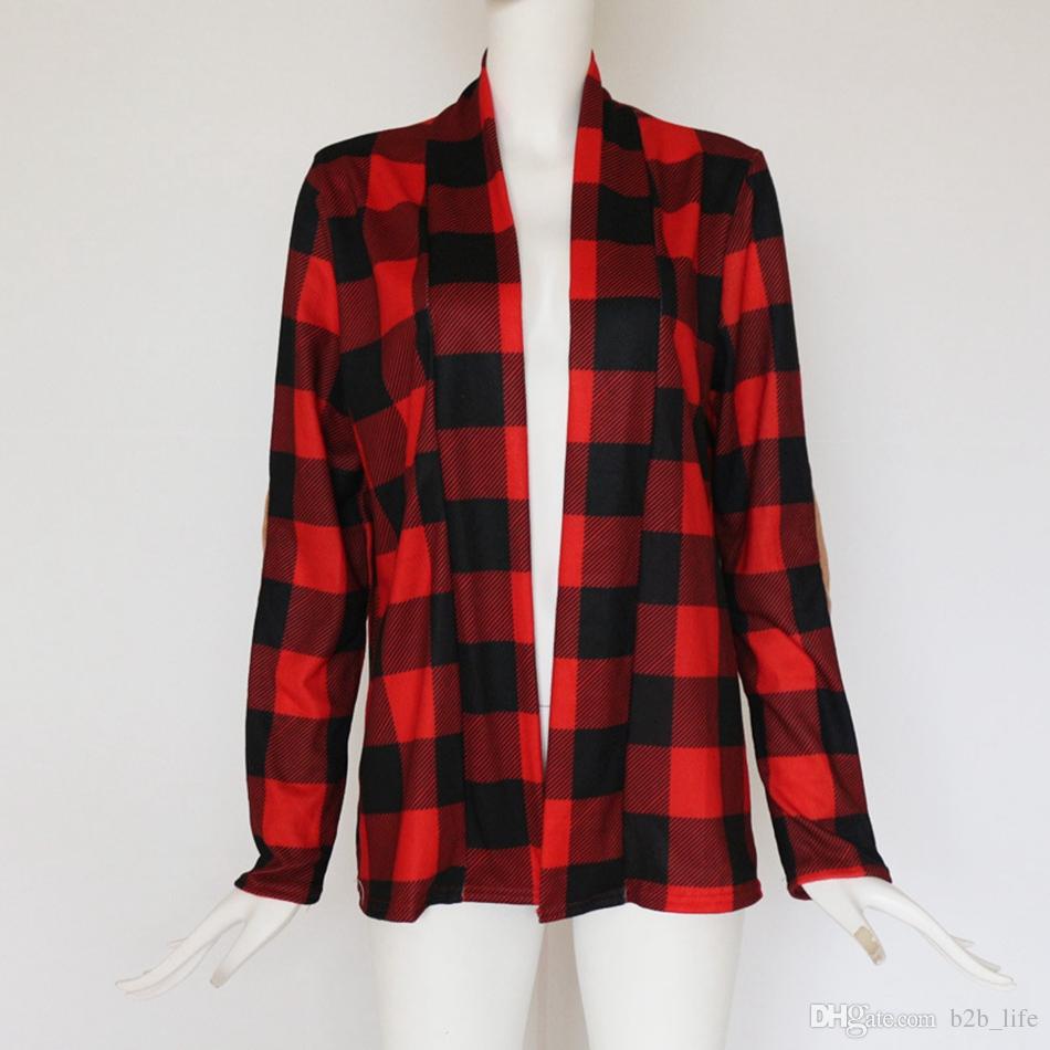 Casual plaid print kimono cardigan top with open front and elbow patch Ivy and Pearl Boutique