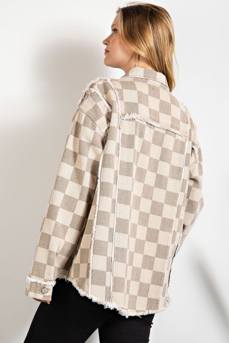 Checkerboard print washed twill jacket with front patch pockets Ivy and Pearl Boutique