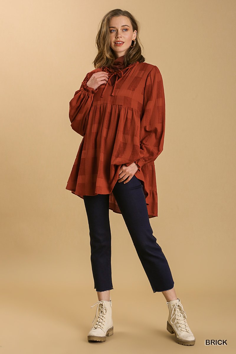 Chenille split neck tie front long sleeve babydoll dress/top Ivy and Pearl Boutique
