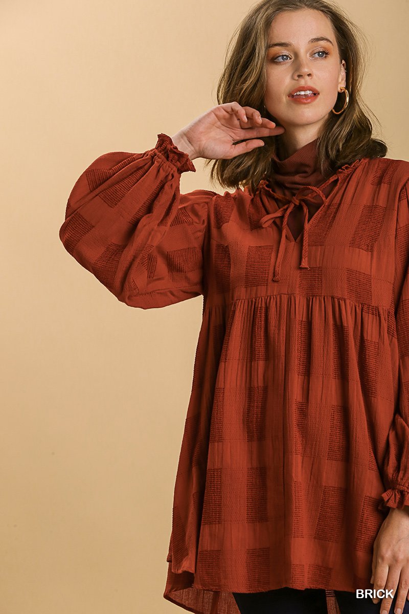 Chenille split neck tie front long sleeve babydoll dress/top Ivy and Pearl Boutique