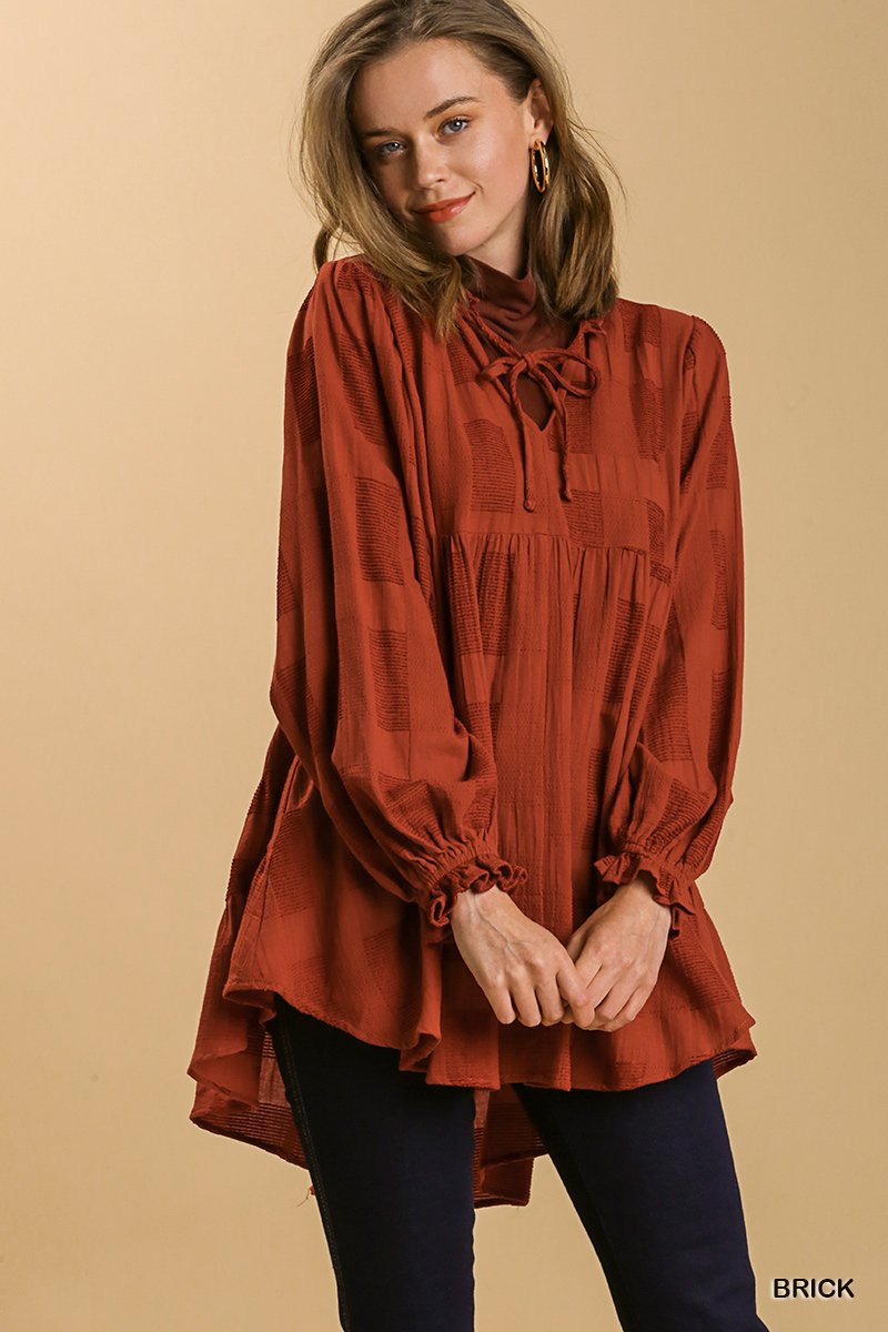 Chenille split neck tie front long sleeve babydoll dress/top Ivy and Pearl Boutique Dark Red S