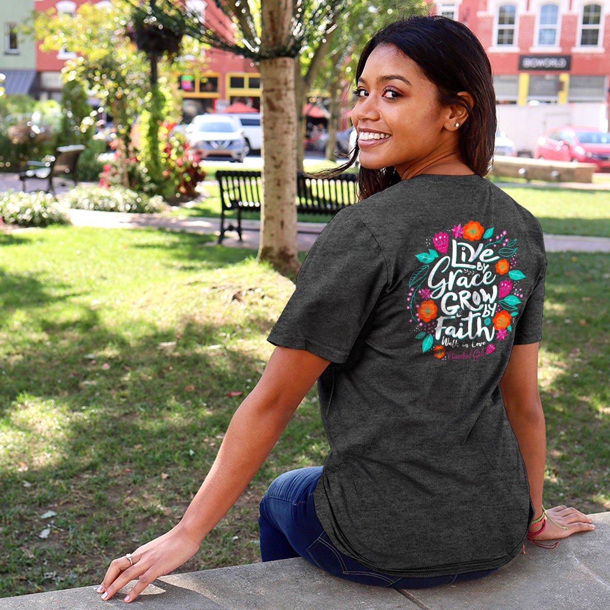 Cherished Girl Live by Grace, Grow by Faith, Walk in Love Tee Ivy and Pearl Boutique Dark gray S