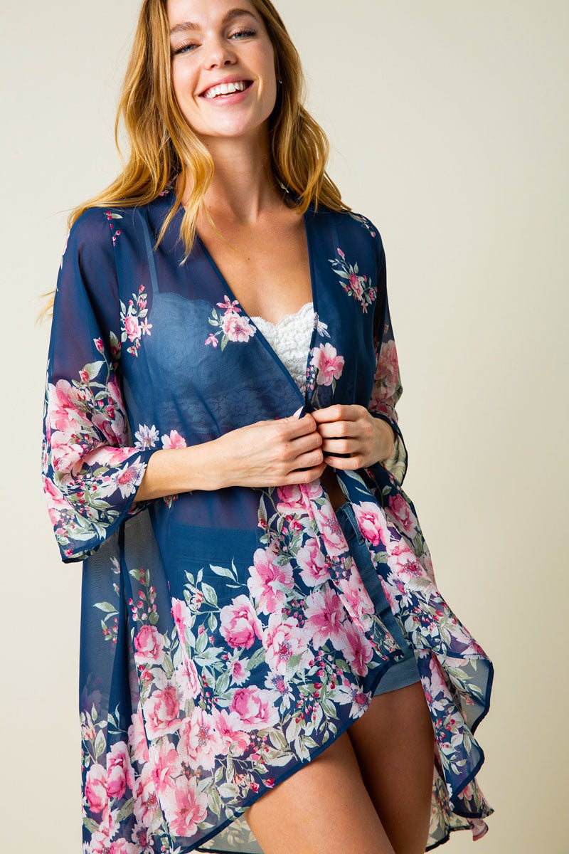 Chiffon open cardigan kimono with all-over floral print Ivy and Pearl Boutique
