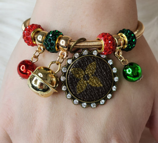 Christmas colors crystal, bells, balls, and cubic zirconia decorated vinyl pendant bracelet (silver or gold)  Ivy and Pearl Boutique Gold