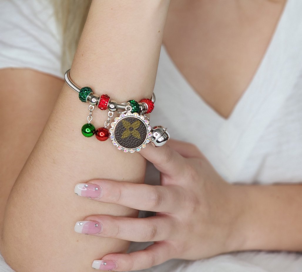Christmas colors crystal, bells, balls, and cubic zirconia decorated vinyl pendant bracelet (silver or gold) Ivy and Pearl Boutique Silver