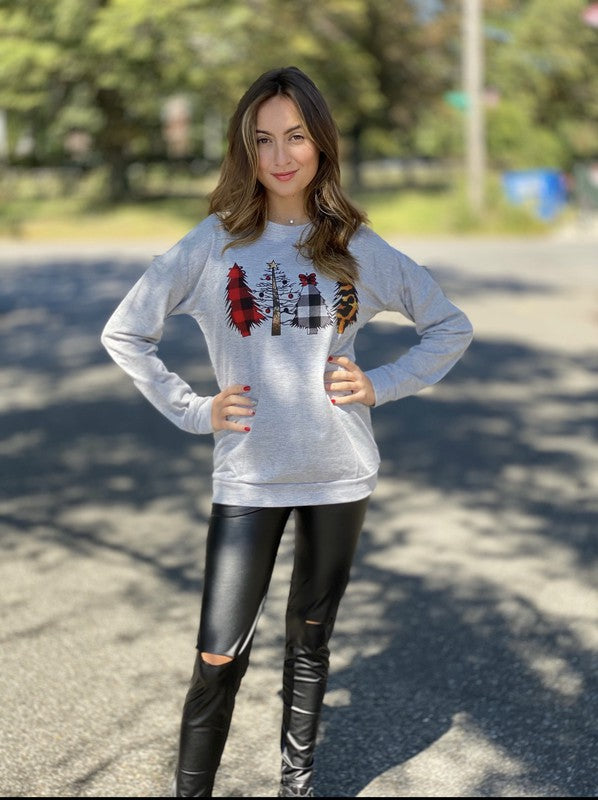 Christmas trees gray sweatshirt Ivy and Pearl Boutique