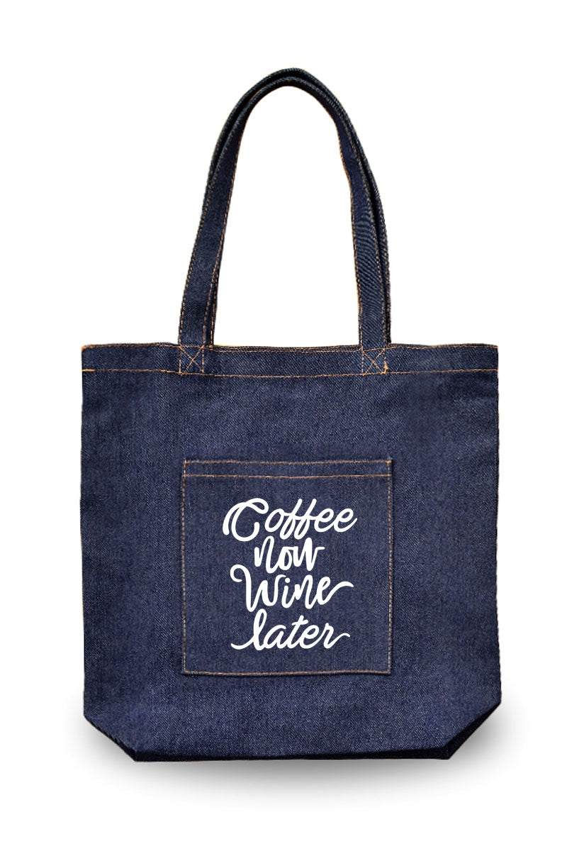 Coffee now wine later canvas tote bag with pocket Ivy and Pearl Boutique