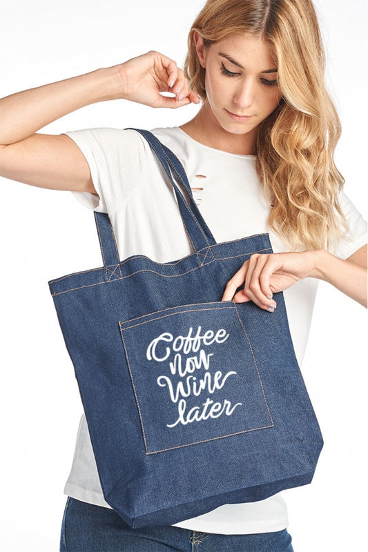 Coffee now wine later canvas tote bag with pocket  Ivy and Pearl Boutique Denim
