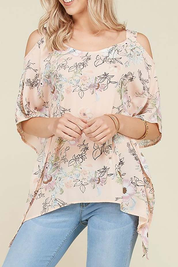 Cold shoulder floral print poncho style top Ivy and Pearl Boutique Blush 1XL