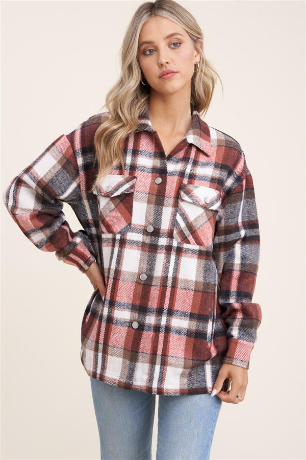Collared snap button double-chest pocket plaid overshirt jacket (shacket) Ivy and Pearl Boutique