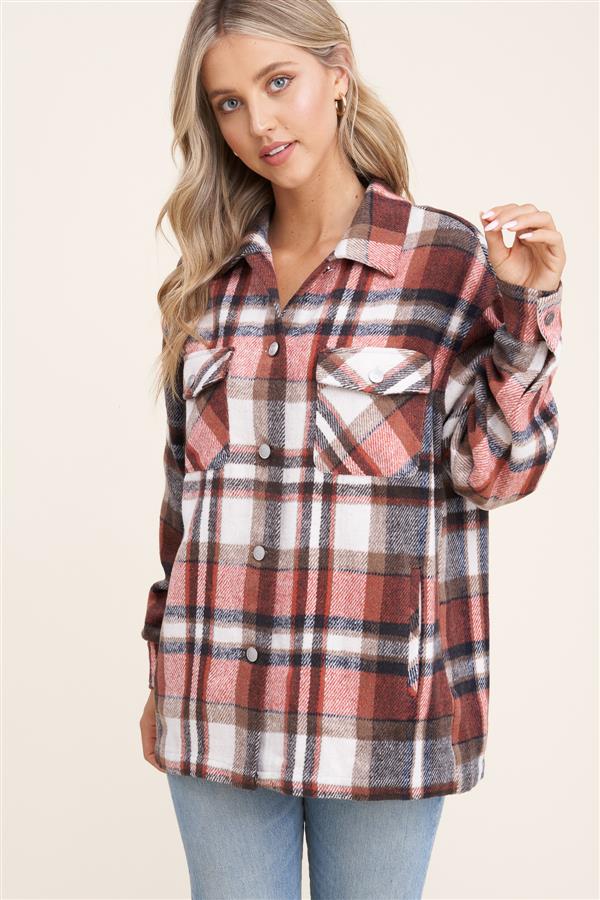 Collared snap button double-chest pocket plaid overshirt jacket (shacket) Ivy and Pearl Boutique