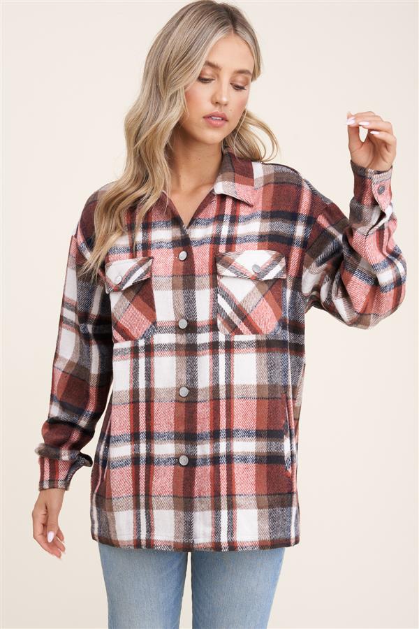 Collared snap button double-chest pocket plaid overshirt jacket (shacket) Ivy and Pearl Boutique
