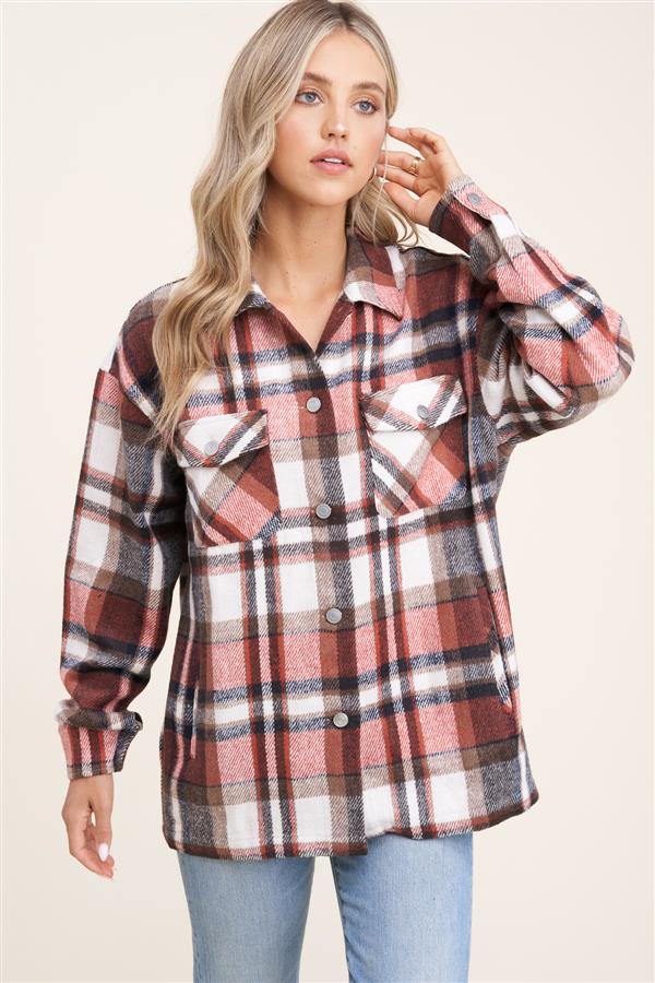 Collared snap button double-chest pocket plaid overshirt jacket (shacket) Ivy and Pearl Boutique Rust S