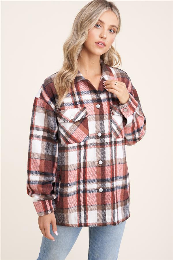 Collared snap button double-chest pocket plaid overshirt jacket (shacket) Ivy and Pearl Boutique