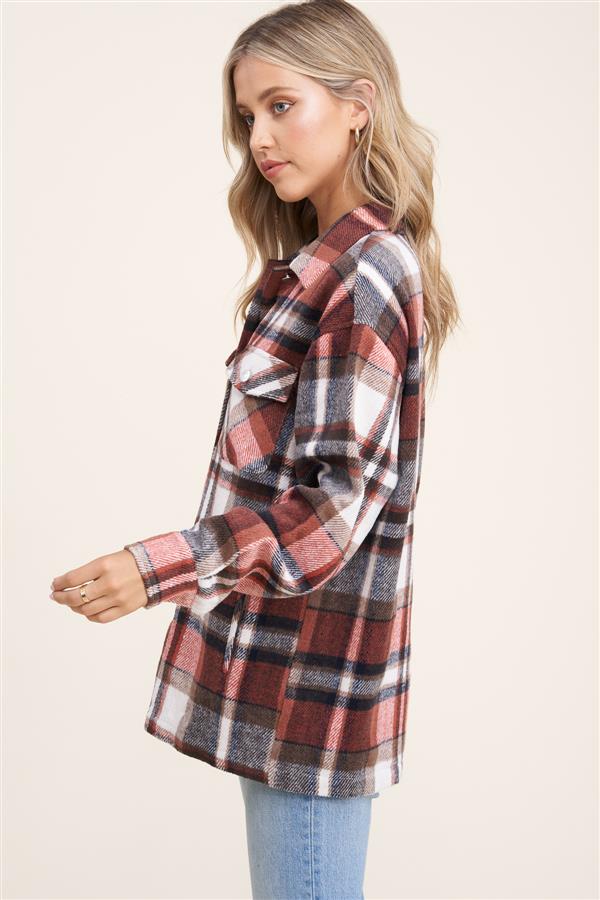 Collared snap button double-chest pocket plaid overshirt jacket (shacket) Ivy and Pearl Boutique