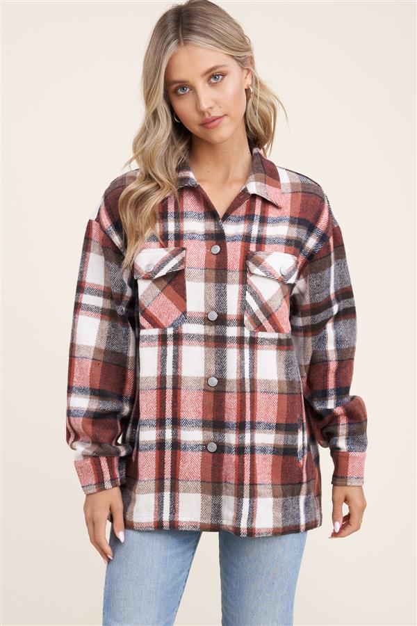 Collared snap button double-chest pocket plaid overshirt jacket (shacket) Ivy and Pearl Boutique