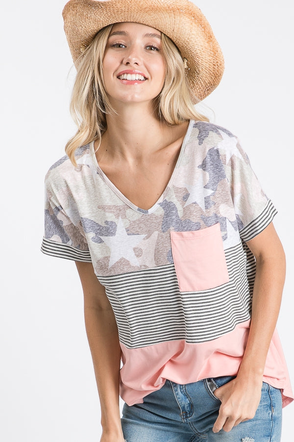 Color block pocket top with stars Ivy and Pearl Boutique Pink S