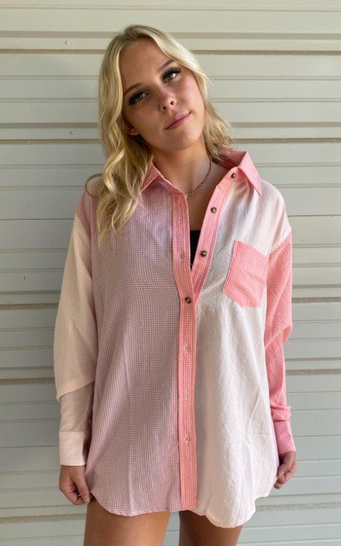 Color blocked gingham print button-down shirt Ivy and Pearl Boutique Rose S
