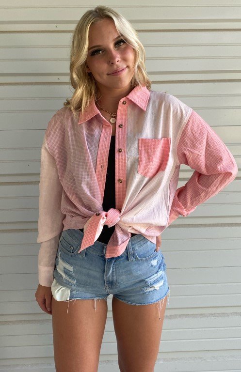 Color blocked gingham print button-down shirt Ivy and Pearl Boutique