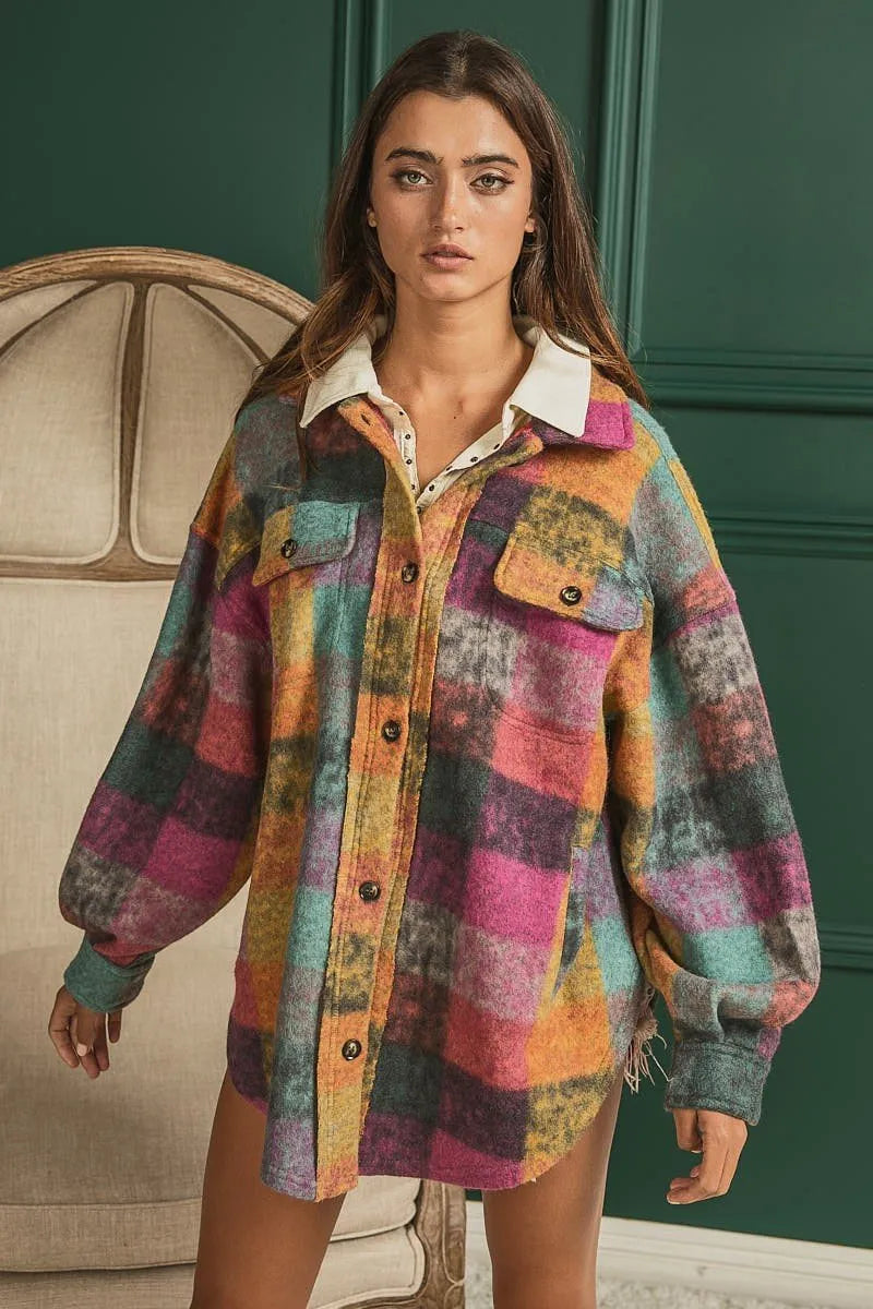Colorful loose fit buttoned down check shirt jacket Ivy and Pearl Boutique
