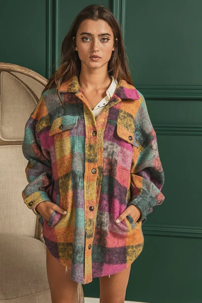 Colorful loose fit buttoned down check shirt jacket Ivy and Pearl Boutique