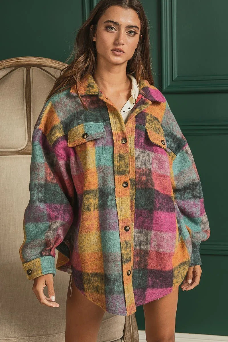 Colorful loose fit buttoned down check shirt jacket Ivy and Pearl Boutique