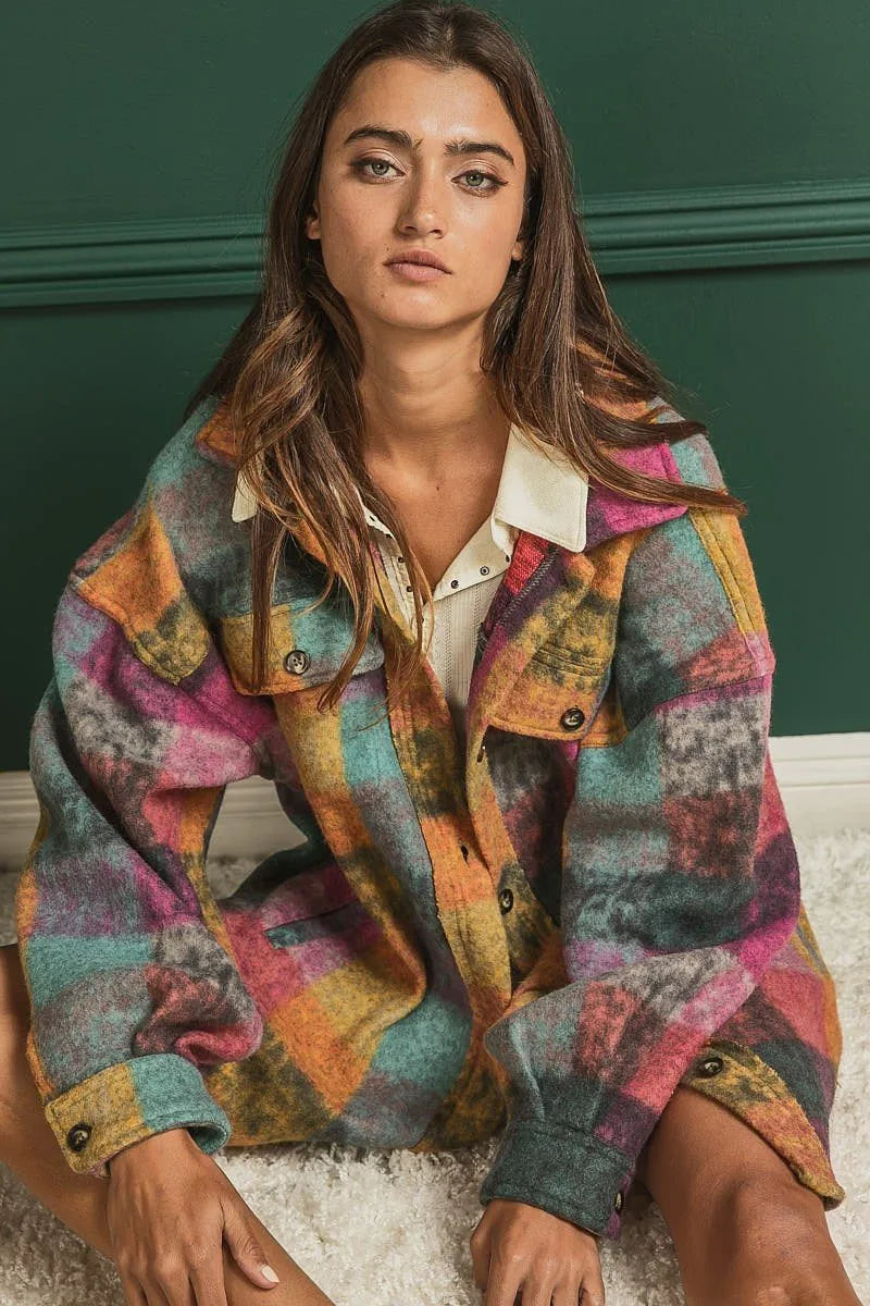 Colorful loose fit buttoned down check shirt jacket Ivy and Pearl Boutique