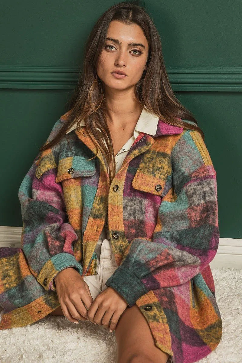 Colorful loose fit buttoned down check shirt jacket Ivy and Pearl Boutique
