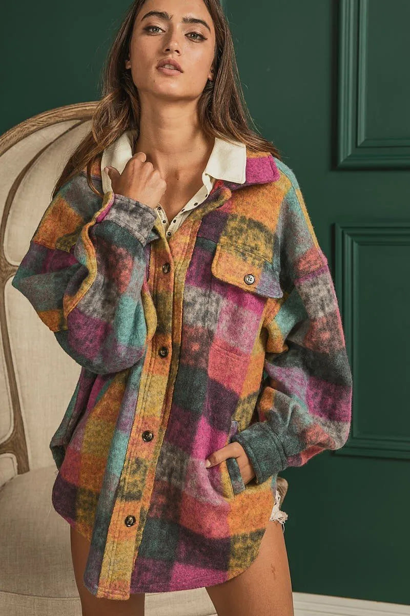Colorful loose fit buttoned down check shirt jacket Ivy and Pearl Boutique Lavender S