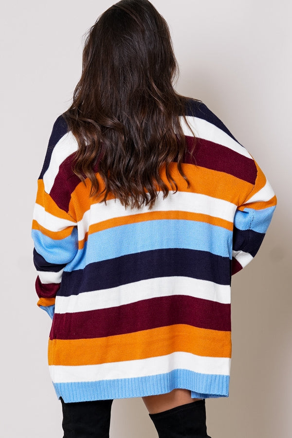 Multi striped ribbed hem open front long sleeve cardigan sweater Ivy and Pearl Boutique