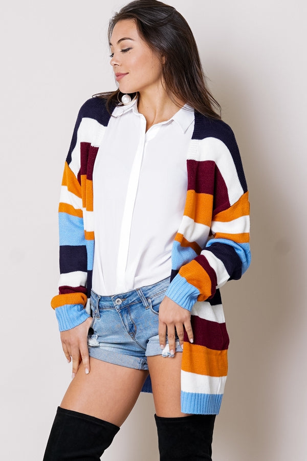 Multi striped ribbed hem open front long sleeve cardigan sweater Ivy and Pearl Boutique