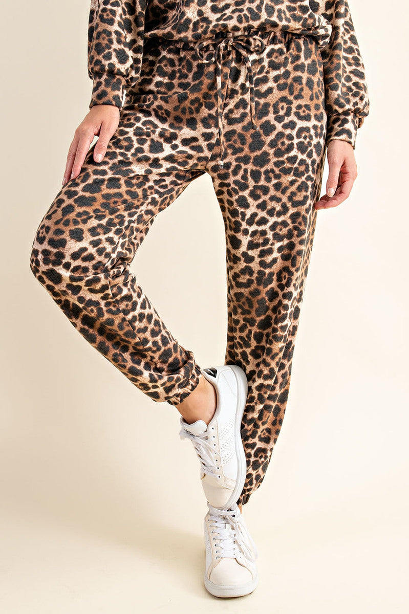 Comfortable Leopard Print Long Sleeve Sweatshirt and Pants Loungewear Ivy and Pearl Boutique
